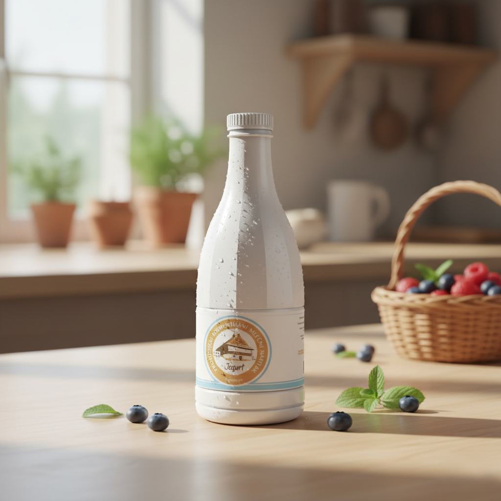 Flašica Lagendairy jogurta u kuhinji sa svežim voćem